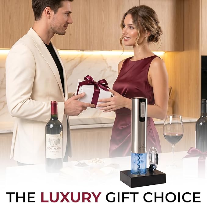 Zulay Kitchen Electric Wine Opener with Charging Base & Foil Cutter - Rechargeable Automatic Corkscrew Wine Bottle Opener for Natural & Synthetic Corks - Stainless Steel Silver