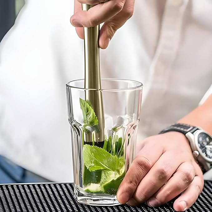 8 Inch Stainless Steel Cocktail Muddler and Mixing Spoon Home Bar Tool Set - Create Delicious Mojitos Old Fashioned/Mint Julep/Other Fruit Based Drinks (Gold)