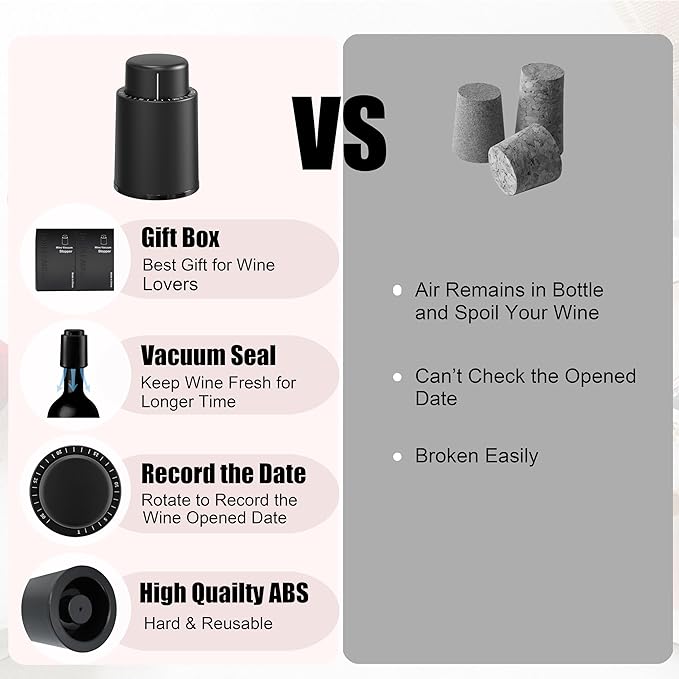 Wine Stoppers Vacuum, Reusable Silicone Wine Bottle Stopper Wine Saver Wine Preserver with Date Dial, Best Christmas and Birthday Gifts - 2 Pack
