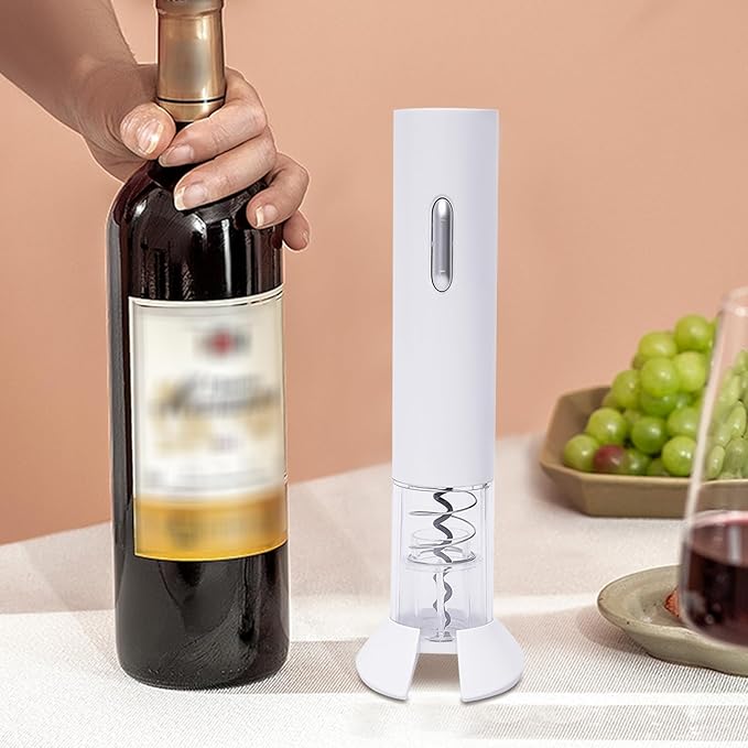 Electric Wine Opener, Automatic Corkscrew Opener with Foil Cutter, Battery Operated, One-Touch Operation, Space-Saving Design, White