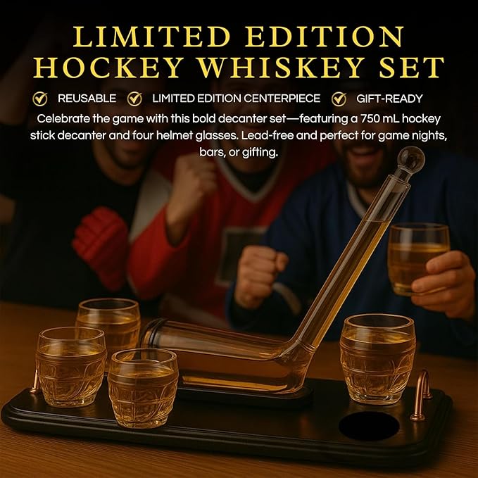 Ice Hockey Whiskey Decanter Set with 4 Unique Helmet Glasses, 750ml Decanter and 8oz Glasses – Perfect for Hockey Fans Gift, Whiskey Lovers, Sports Enthusiasts, Fathers, or Holidays by The Wine Savant