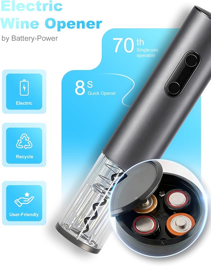 Electric Wine Opener 4-in-1 Automatic Wine Opener Set, Battery Operated Corkscrew Wine Opener and Electric Corkscrew Wine Bottle Opener Kit for Home Bar and Wine Enthusiasts