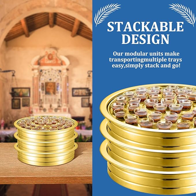Jingmore Communion Ware 3 Holy Wine Serving Trays with 1 Cover Stainless Steel Communion Supplies Silver Trays for Churches Holy Ware Sets (Gold)
