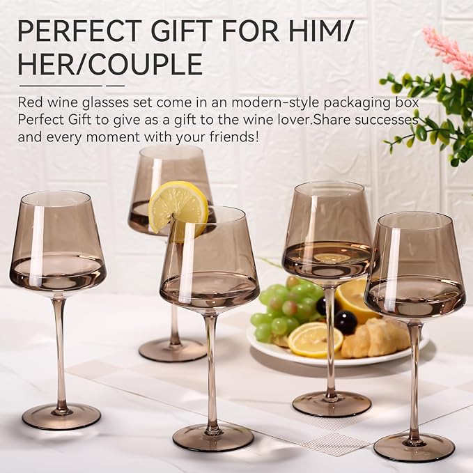 Smokey Sand Wine Glasses Set of 6,18oz Gray Wine Glassware Gift Set for Wife & Mom-Colorful Hand Blown Glass Drinkware for Red White Wine