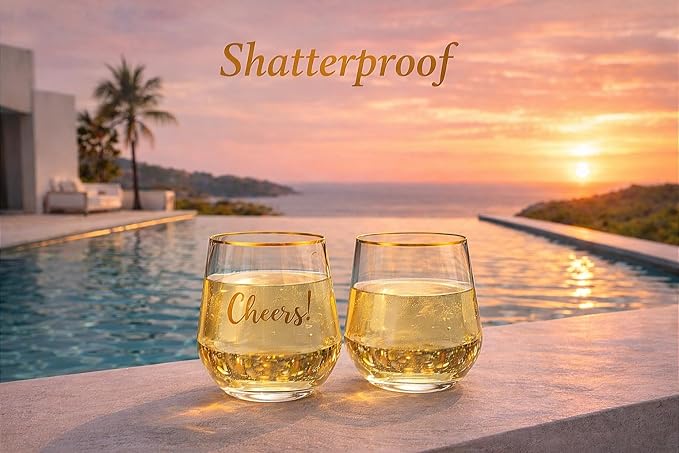 Plastic Wine Glasses Stemless Disposable 12 oz with Gold Rim - 30 Guests Party Drinkware Set, 30 Plastic Cups, 30 Napkins & 50 Cocktail Picks - BPA-Free, Shatterproof, Reusable, Recyclable