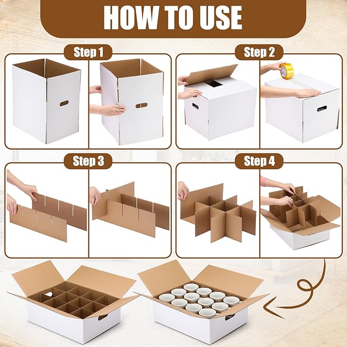 MotiMind 2 Sets Mug Moving Boxes with Divider Kits 17 x 13 x 6 Inches Mug Packing Shipping Box Kitchen Moving Boxes Storage Carrier with 18 Pcs Foam Pouches and Handles for Glasses Cup Wine Packing