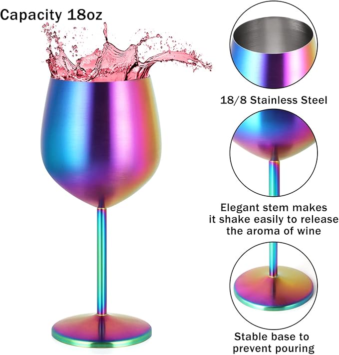 Lifecapido Stainless Steel Wine Glasses Set of 4, 18oz Colorful Stainless Steel Wine Goblets, Stemmed Metal Wine Glasses with Cup Brush for Party Office Wedding Anniversary, Great for Red White Wine
