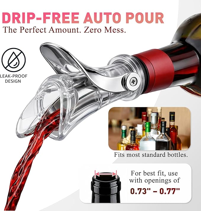 IOV Wine Bottle Pourer, Upgraded Sealing Wine Stopper with Dust Caps, Auto Flip Pourer Spout for Liquor, Olive Oil, Vinegar and Syrup, No-Drip Wine Accessories Gift for Wine Lovers