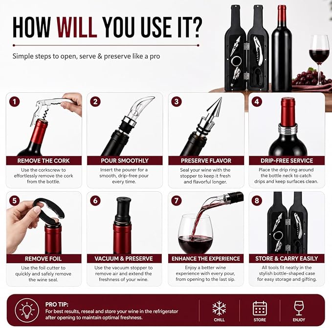 Luxury Wine Accessory & Gift Set - Corkscrew, Stopper, Pourer, and Games! (Wine Opener - Black and Red Glossy Bottle Case)