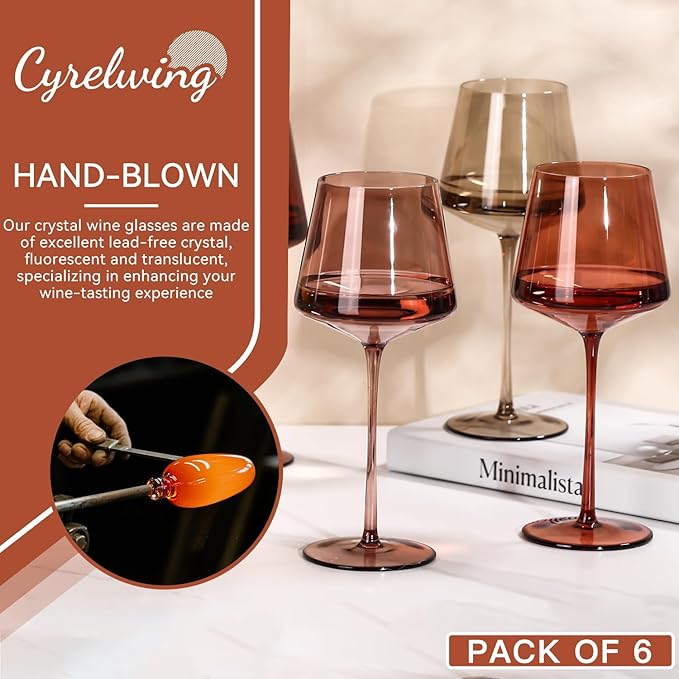 Colored Wine Glasses Set of 6-18oz【Hand Blown】Venus Wine Glasses with Stem
