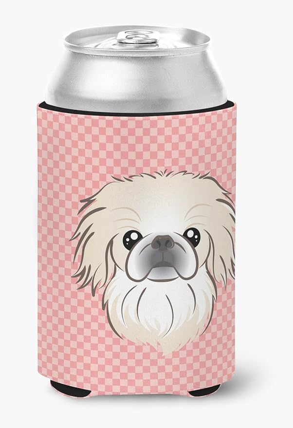 Caroline's Treasures BB1221CC Checkerboard Pink Pekingese Can or Bottle Hugger Cooler Washable Drink Sleeve Collapsible Beverage Insulated Holder, Can Hugger, Multicolor