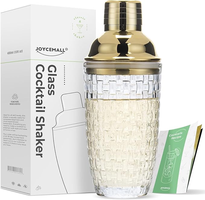 13 oz Glass Cocktail Shaker - Leakproof Shaker Set with Metallic Steel Lid & Built - in Strainer, Professional Bar Mixing Set for Martini, Whiskey, Margarita and More Drinks - Gold