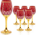 Red and Gold Wine Glasses Set of 6, Colored Stemmed and Rimmed Decorative Fancy Drinking Glass, for Gifts, Wedding, Thanksgiving, Birthday, Christmas Goblets Glassware Drinkware, 12oz