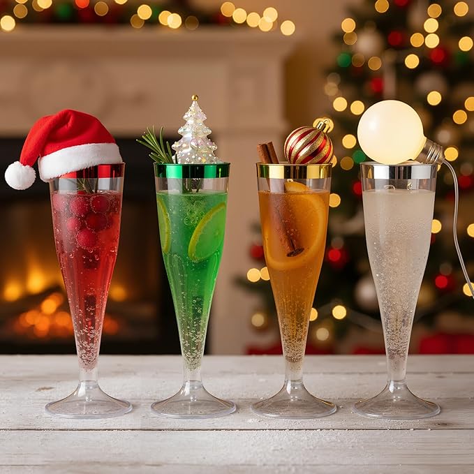 Jingmore 36 Pcs Plastic Champagne Flutes 4.5 oz Clear Disposable Wine Glasses Cocktail Cup Champagne Glass for Wedding Graduation Summer Party Favor Mimosa Bar Supplies (Green,Red,Silver,Gold)