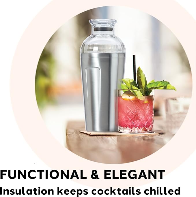 OGGI Groove Insulated Cocktail Shaker-17oz Double Wall Vacuum Insulated Stainless Steel, Tritan Lid has Built In Strainer, Ideal Cocktail Mixer, Martini Shaker, Margarita Shaker, Stainless