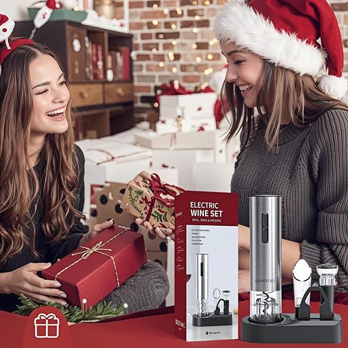6-in-1 Electric Wine Opener Set - Rechargeable Automatic Corkscrew with Vacuum Sealer, Wine Aerator, Foil Cutter & Charging Base,Valentine's Day Gifts, Wine Lovers (Stainless Steel)