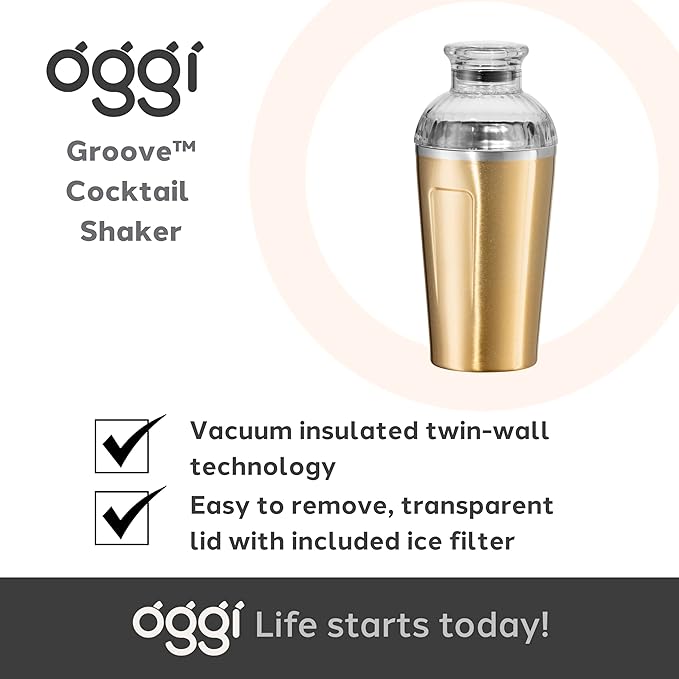 OGGI Groove Insulated Cocktail Shaker-17oz Double Wall Vacuum Insulated Stainless Steel, Tritan Lid has Built In Strainer, Ideal Cocktail Mixer, Martini Shaker, Margarita Shaker, Gold
