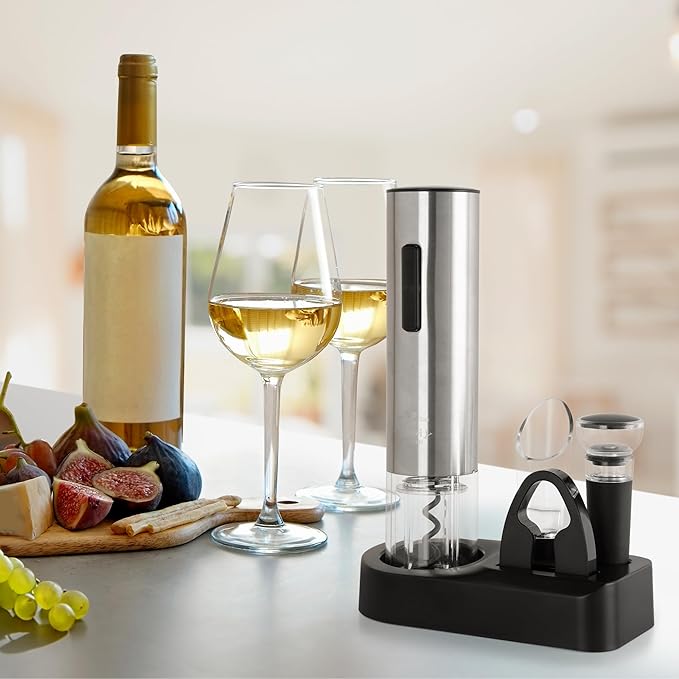 Zulay Kitchen Rechargeable Electric Wine Opener Set with Storage Base - Automatic Corkscrew Wine Bottle Opener, Pourer, Foil Cutter & Vacuum Stopper - Stainless Steel Wine Gift Set, Silver