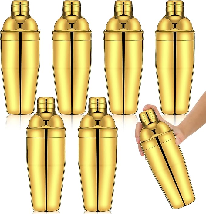 Nitial 6 Pcs Bar Cocktail Shaker Professional Stainless Steel Martini Drink Mixer Built-in Strainer for Bartending No Leaks Shaker for Bar Party Drink Mixer (Gold,25 oz)