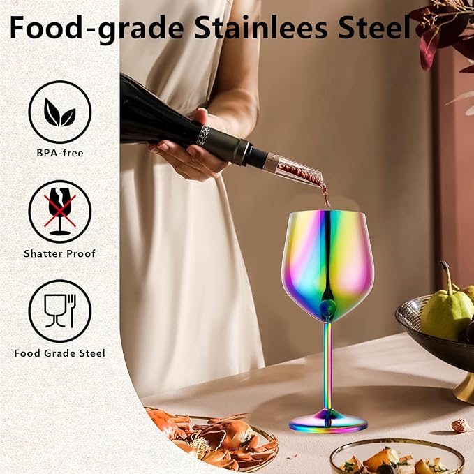 Stainless Steel Wine Glasses Set of 4 Unbreakable Colorful Wine Glass 18 oz Unique Metal Wine Goblets for Outdoor, Travel, Camping, Pool, Ideal Gift for Wine Lovers