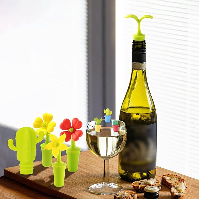 Knana 10Pcs Cactus Flowers Silicone Wine Stoppers Cute Wine Accessories Fun Wine Stopper for Mexican Party Favors Baby Shower Wedding