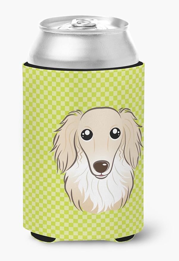 Caroline's Treasures BB1274CC Checkerboard Lime Green Longhair Creme Dachshund Can or Bottle Hugger Cooler Washable Drink Sleeve Collapsible Beverage Insulated Holder, Can Hugger, Multicolor