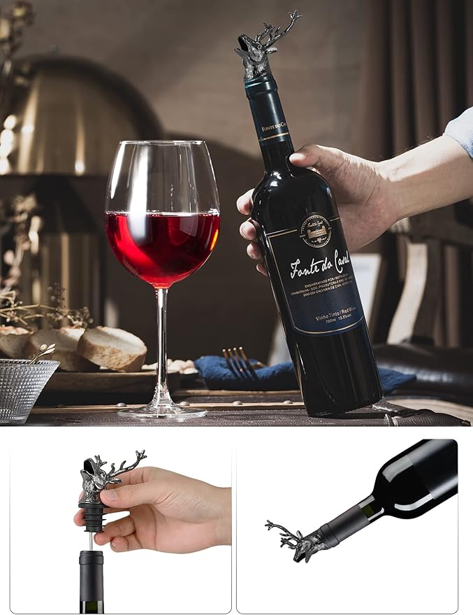 Deer Stag Head Wine Aerator Pourer Spout, Elk Olive Oil Liquor Bottle Decanter, Dark Grey Plated Creative Gifts for Alcohol Spirits Whiskey