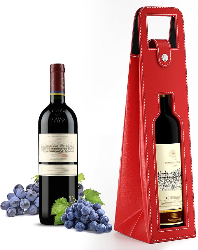 RYDDOY Wine Gift Bag, Reusable Leather Wine Tote Carrier, Single Bottle Champagne Beer Gift Bags Carrier for Birthday, Wedding, Picnic Party, Christmas festival Gifts (Red)