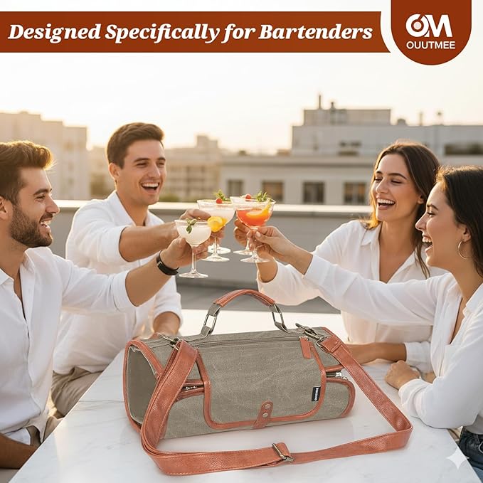 Travel Bartender Kit Bag with 22-Pc Cocktail Shaker Set, Waxed Canvas Protable Carrying Bartender Bag with Stainless Steel Bar Tool Set, Roll-Up Bartenders Kits for Professional Bartenders