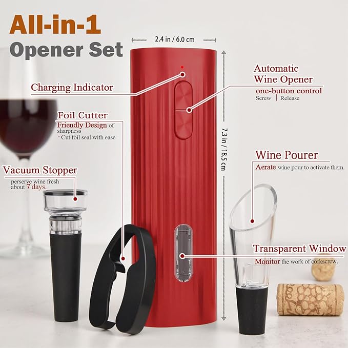 Electric Wine Opener Set include Bookpage-Style Electric Bottle Opener Rechargeable, Vacuum Stopper, Wine Pourer, Foil Cutter, Storage Base & USB Charging Cable (Red)