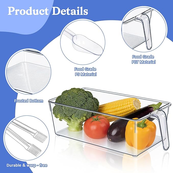 2 Pack Clear Ice Bucket for Freezer, Ice Cube Storage Bin with Flexible Handle, Ice Holder for Freezer, Scoop & Tongs Set, Fridge Container, Home Bar Organization (11.8 x 5.91 x 3.54 Inches)