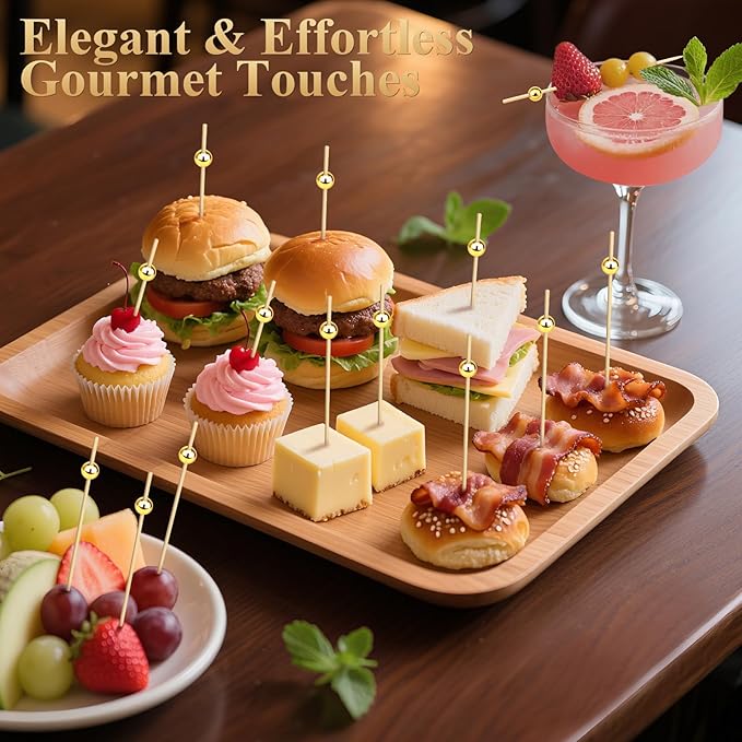 [300PCS] Cocktail Picks, Fancy Toothpicks for Appetizers Drinks Food Fruit, 4.7 IN Long Decorative Bamboo Skewers, Gold Pearl Wooden Garnish Sticks for Charcuterie Boards Accessories Party Supplies