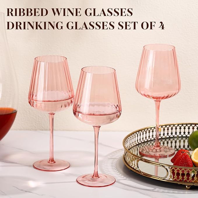 Pink Ribbed Wine Glasses Set of 4-20oz Hand-Blown Fluted Glassware, Lead-Free Crystal Vintage Ripple Texture Red Wine Glasses, Perfect Gifts for Weddings, Birthday, Special Occasions