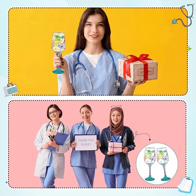 SiliFine 4 Pcs Nurse Stemmed Wine Glasses Hand Painted Drinking Cup Wine Glasses Gifts for Women Nurses' Day Appreciation Birthday Theme Holiday Party Supplies