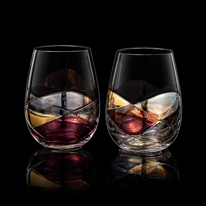 Artisanal Hand-Painted Stemless Wine Glasses & Accessories Set with Gift Box – Mother’s Day, Wife, Friends, or Girlfriend – Romantic Stained Glass Windows – Birthday or Housewarming Gift Idea