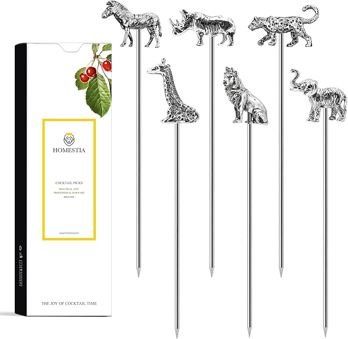 Homestia Metal Cocktail Picks for Drinks, 4.7" Animal Series Cocktail Toothpicks Cocktail Garnish Cocktail Skewers Swords, 6Pcs Fancy Martini Picks Olive Picks, Vintage Cocktail Pins Accessories