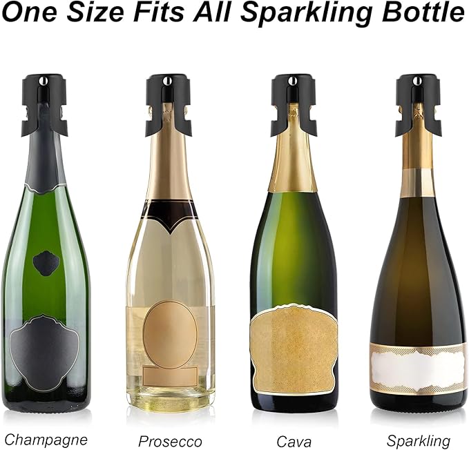 OWO Champagne Bottle Stoppers Stainless Steel, Reusable Champagne Cork & Saver Stopper, Leak Proof Prosecco & Sparkling Wine Plug, Bubble Retention Protection （Black, 4 Pack）