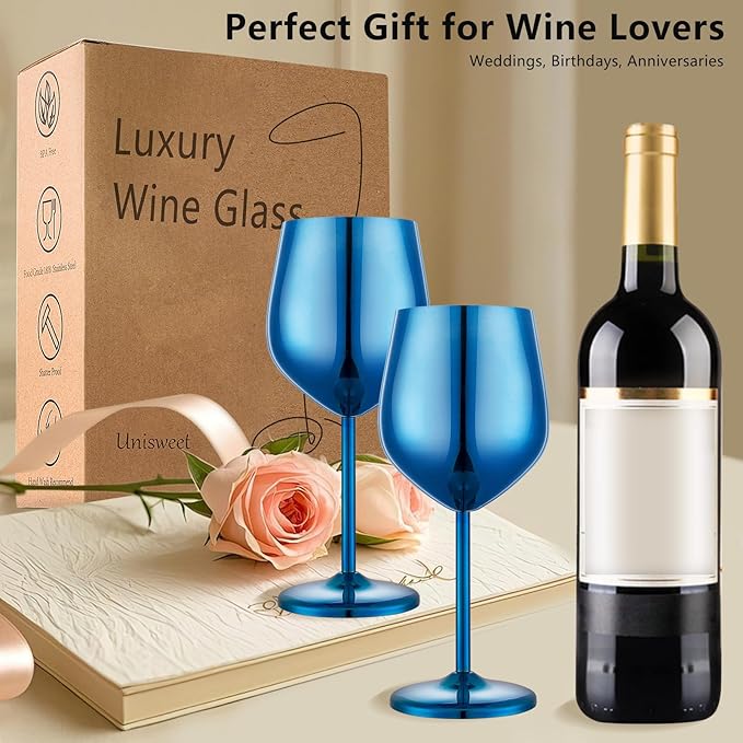 Stainless Steel Wine Glasses Set of 4 Unbreakable Blue Wine Glass 18 oz Unique Metal Wine Goblets for Outdoor, Travel, Camping, Pool, Ideal Gift for Wine Lovers