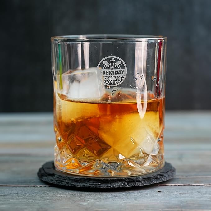 EVERYDAY COCKTAIL Old Fashioned Whiskey Glasses with Luxury Wooden Box - 10 Oz Rocks Barware for Scotch, Bourbon, Liquor, and Cocktail Drinks - Set of 2 Glasses -Chilling Stones -Slate Coasters