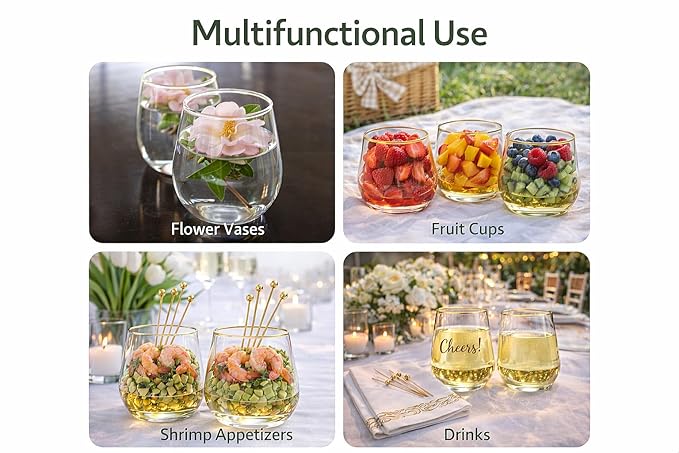 Plastic Wine Glasses Stemless Disposable 12 oz with Gold Rim - 30 Guests Party Drinkware Set, 30 Plastic Cups, 30 Napkins & 50 Cocktail Picks - BPA-Free, Shatterproof, Reusable, Recyclable
