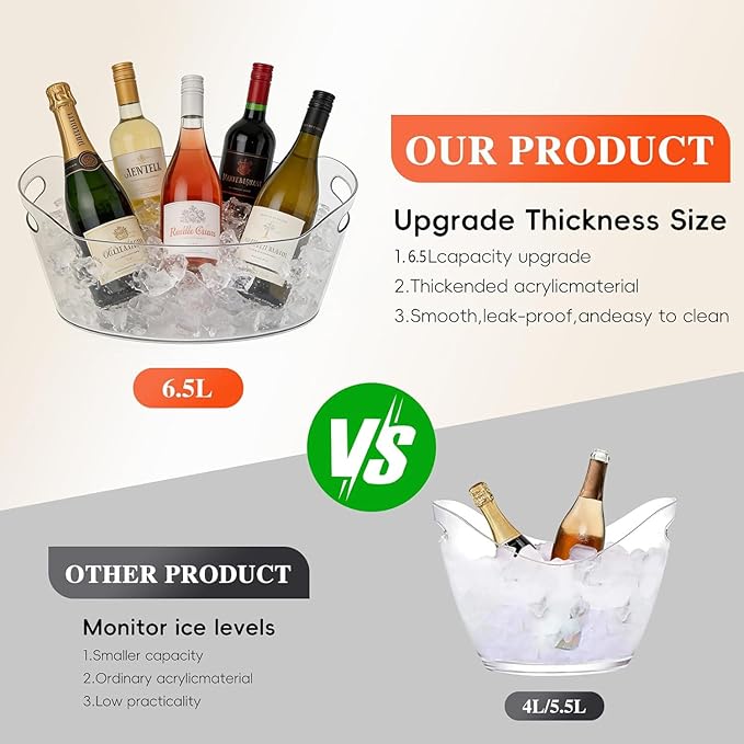 2 PCS Ice Buckets for Parties, 6.5L Large Ice Bucket, 1.7 Gallon Champagne Bucket with 2 Scoops, Beverage Tub Mimosa Bar Supplies for Champagne, Beer, Cocktail