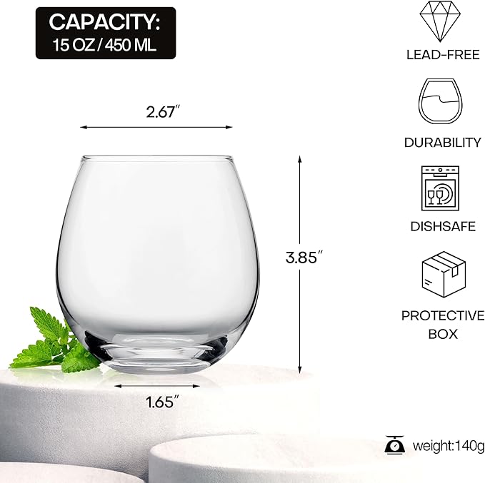 Stemless Wine Glasses Set of 4, 15oz Red & White Wine Glasses for Daily Use, Wedding, Birthdays, Housewarming Gift, Hosting, Home Bar, Evening Party(Clear)