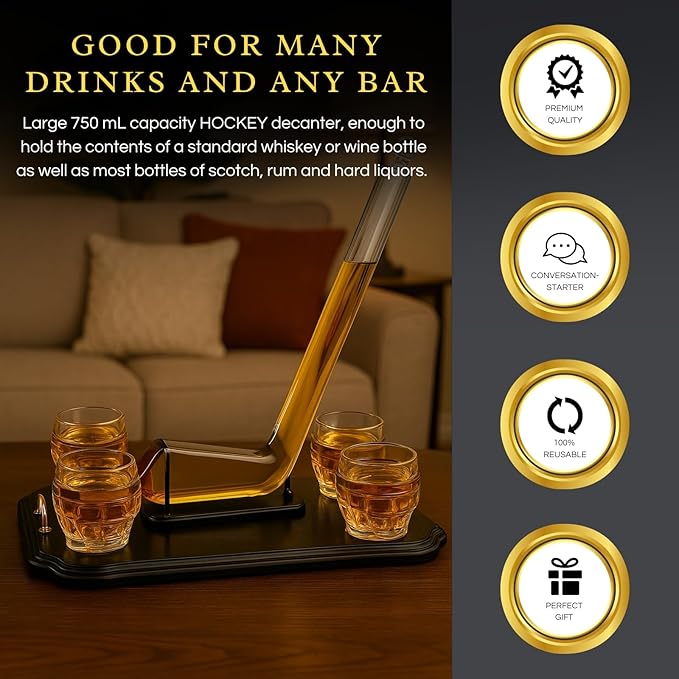 Ice Hockey Whiskey Decanter Set with 4 Unique Helmet Glasses, 750ml Decanter and 8oz Glasses – Perfect for Hockey Fans Gift, Whiskey Lovers, Sports Enthusiasts, Fathers, or Holidays by The Wine Savant