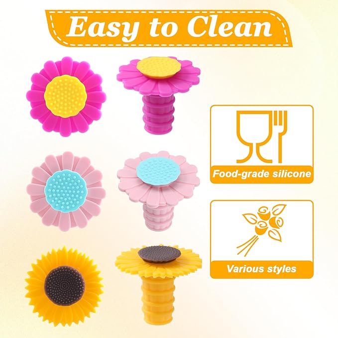 3 Pcs Wine Bottle Stopper Sunflower Cute Wines Bottle Stoppers Silicone Wine Stopper Wines Seal Stoppers Can Be Reused to Keep Fresh (Yellow Pink Purple)