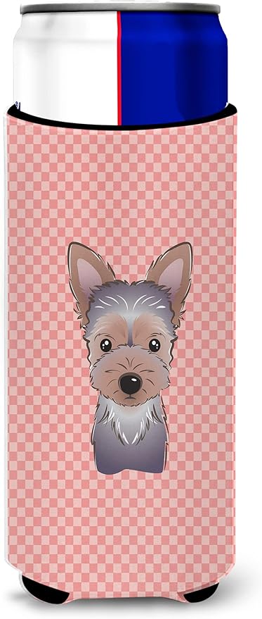 Checkerboard Pink Yorkie Puppy Ultra Beverage Insulators for slim cans BB1232MUK