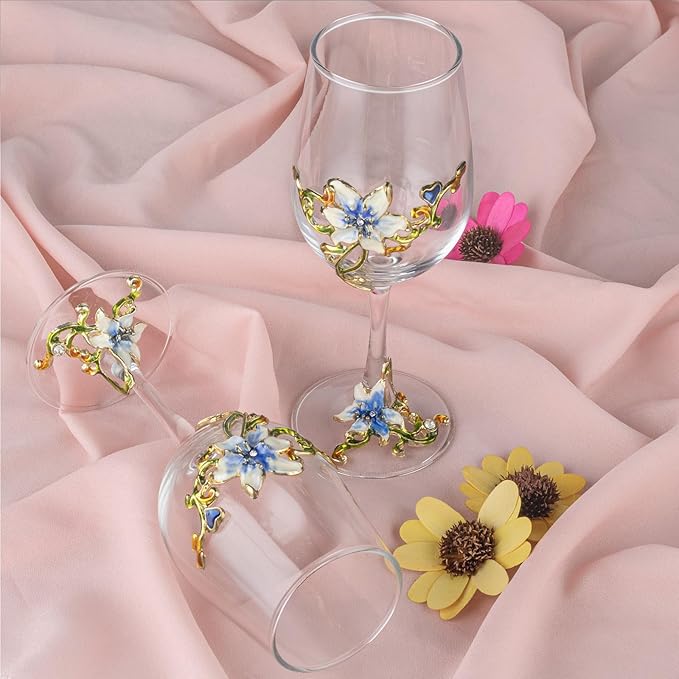 Simcat Handmade Painted Enamel Flower Glass Wine Glasses Transparent Refined Goblet, Stem For Cabernet, Gifts (Blue double gift box,2 Gift Box)