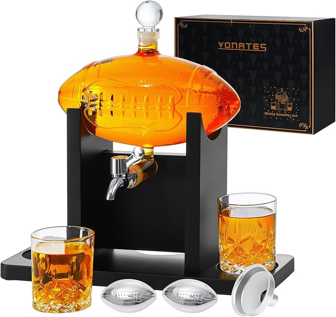 Football Whiskey Decanter Set for Men, 47oz Liquor Decanter Set with 2 Glasses + 2 Footballs Chillers, Gifts for Dad, Husband, Boyfriend, Coach, for Liquor, Bourbon, Scotch, Vodka