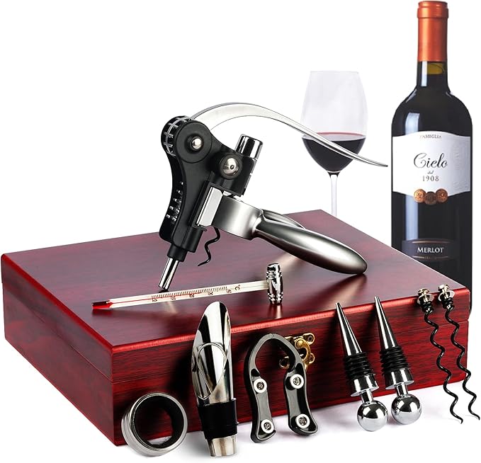 QCLTY 9-Piece Stainless Steel Wine Opener Kit Bottle Opener Gift Set Beer/Wine Accessories Set Wood Case