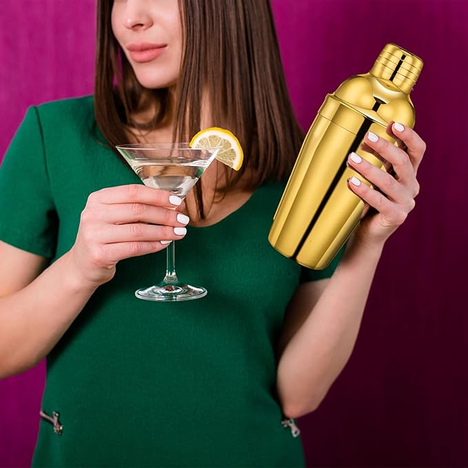 Nitial 6 Pcs Bar Cocktail Shaker Professional Stainless Steel Martini Drink Mixer Built-in Strainer for Bartending No Leaks Shaker for Bar Party Drink Mixer (Gold,18.6 oz)
