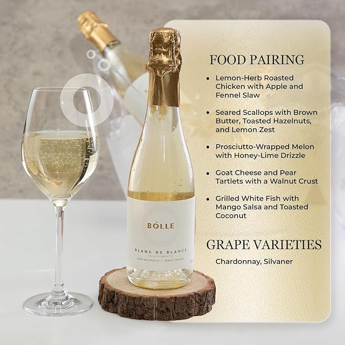 BOLLE Blanc de Blancs - Non Alcoholic Wine - Alcohol Free Sparkling White Wine with Citrus and Green Apple, Award Winning Champagne Alternative, Champagne Style - 375ml